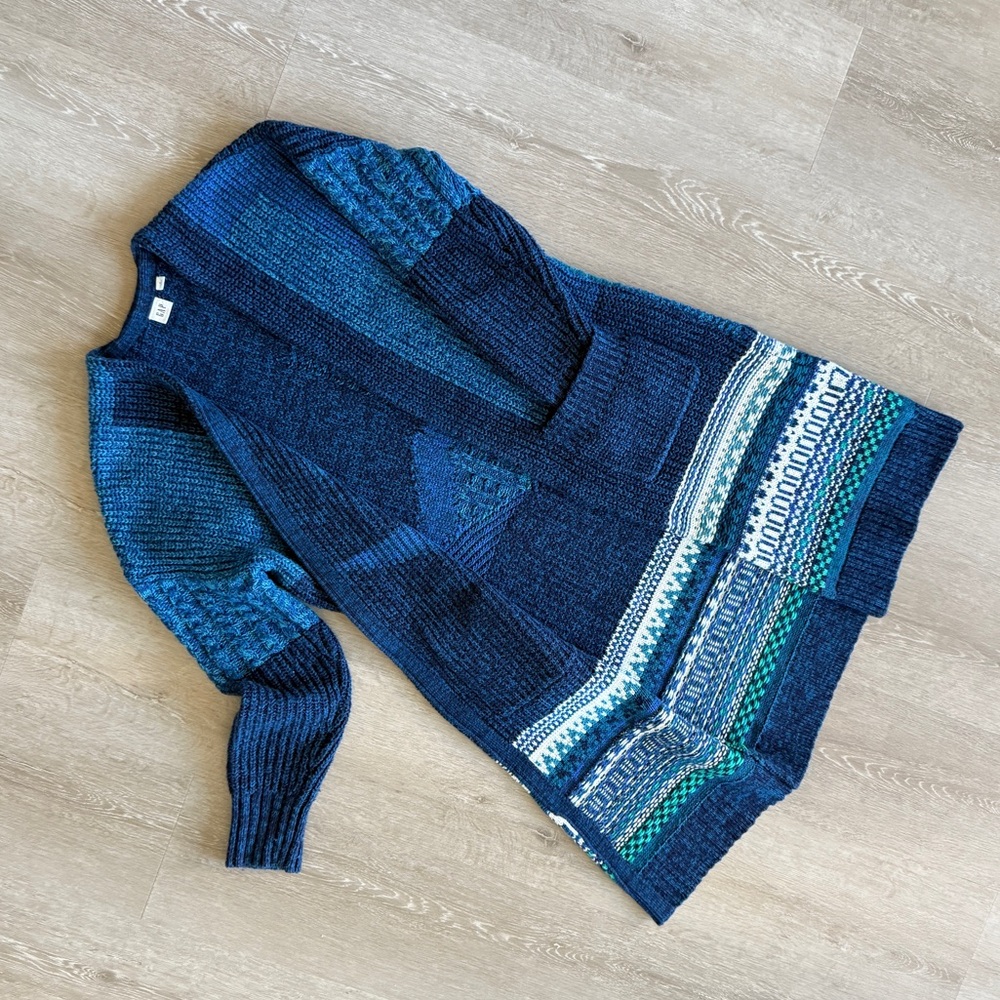 Gap Warm and Cozy long cotton blend blue pockets cardigan sweater small printed